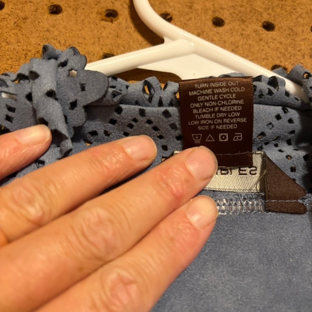Multiples Cardigan XL Blue Faux Suede Laser Cut Out Boho Costal Open Front - Picture 5 of 6